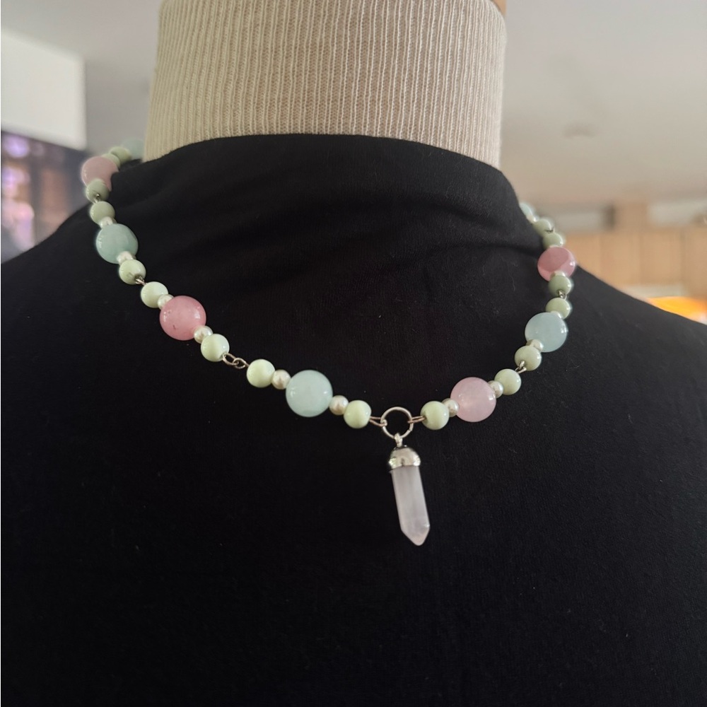 Pastel Beaded Necklace with Crystal Pendant